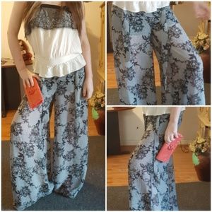 Harem Black sheer lace print pattern pants S/M B2